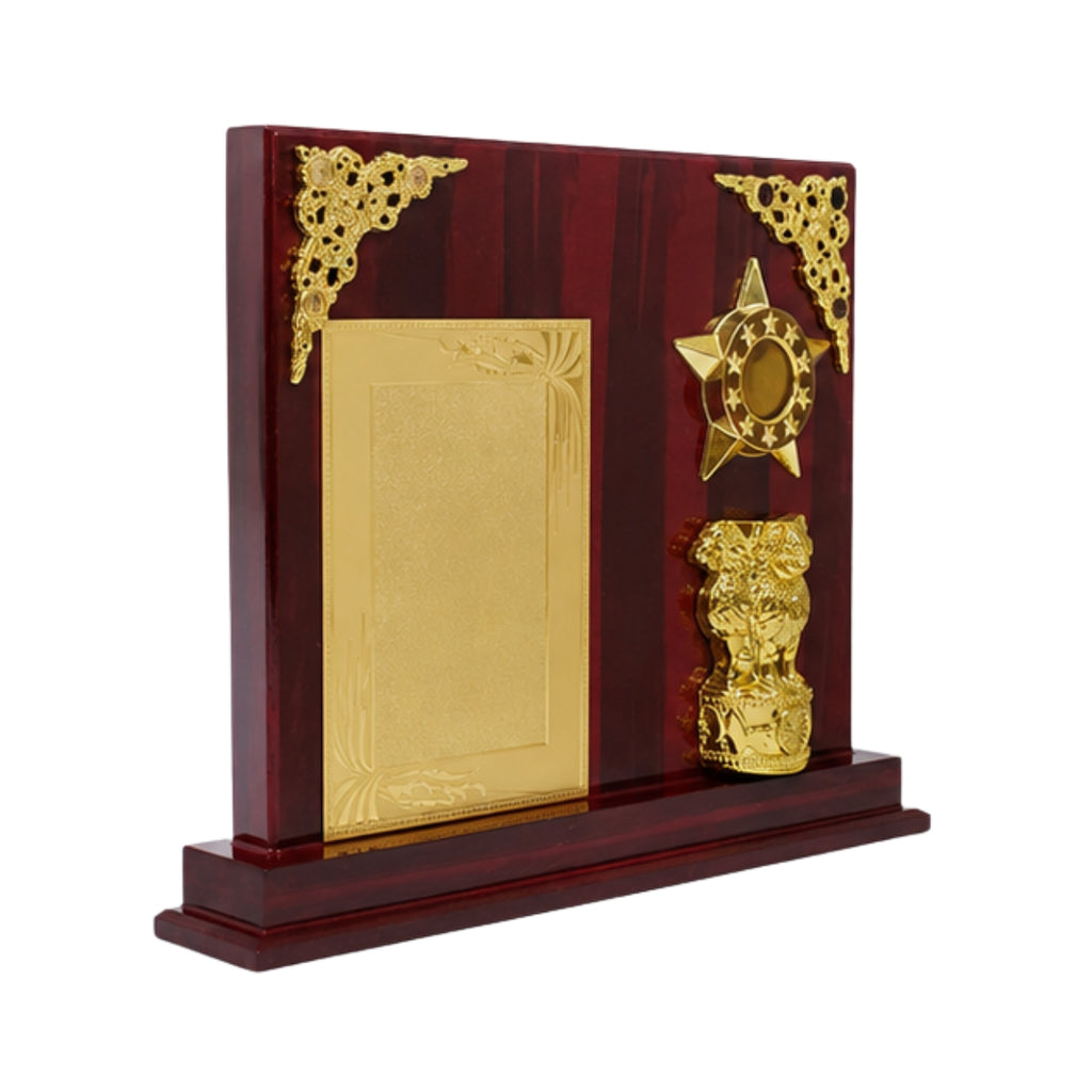 Premium Wooden Executive Memento Award with Golden Ashoka Pillar and Star Motif M-554-A