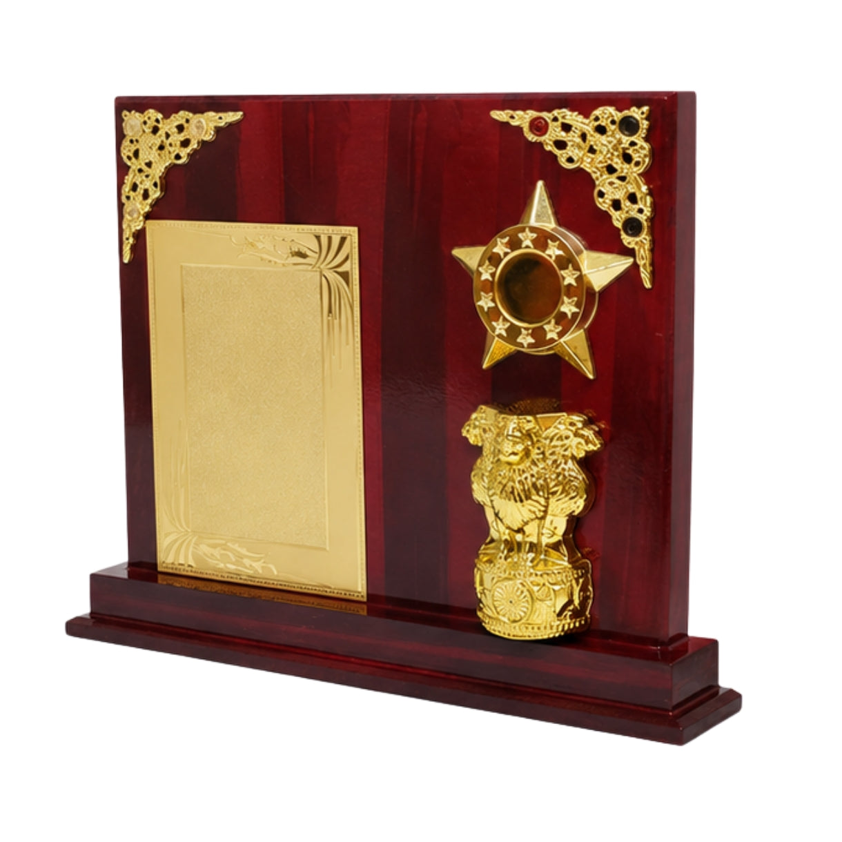 Premium Wooden Executive Memento Award with Golden Ashoka Pillar and Star Motif M-554-A