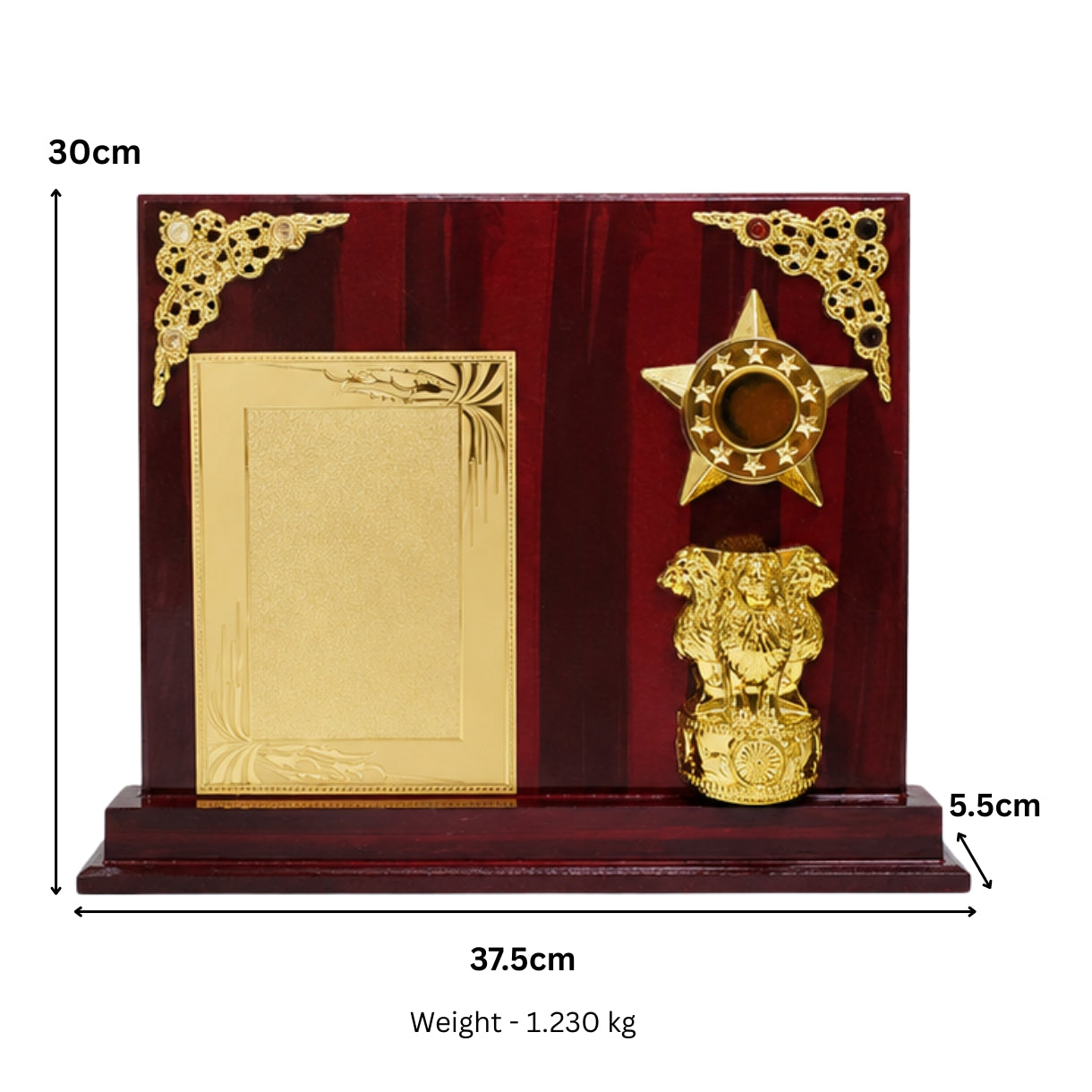 Premium Wooden Executive Memento Award with Golden Ashoka Pillar and Star Motif M-554-A