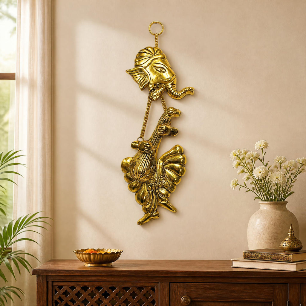 Handcrafted Metal Lord Ganesha Playing Veena Wall Hanging (Golden Finish) W-173-A