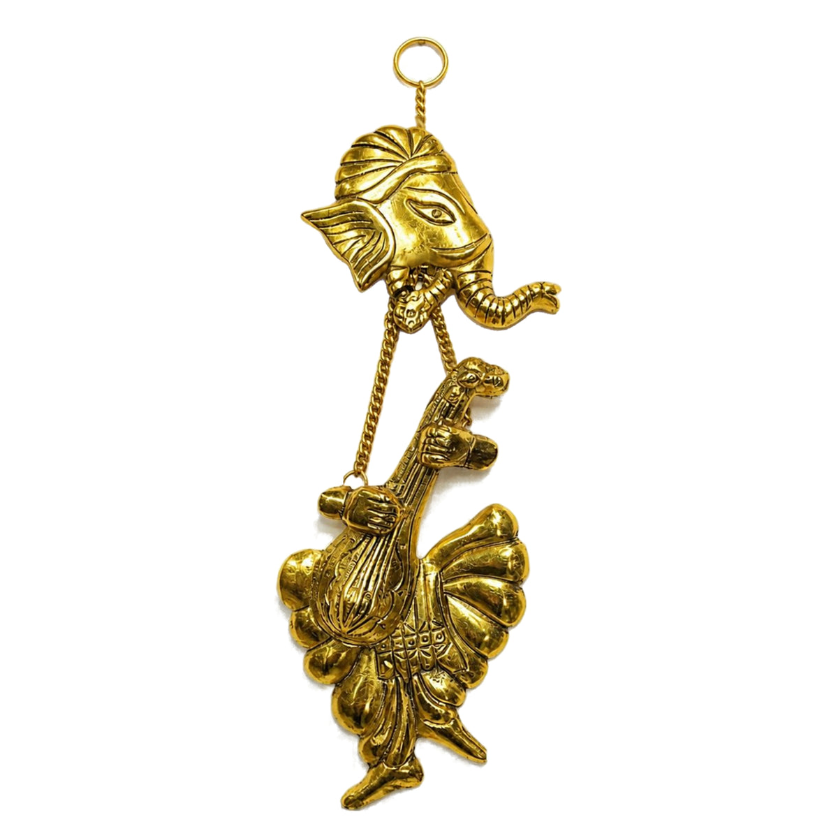 Handcrafted Metal Lord Ganesha Playing Veena Wall Hanging (Golden Finish) W-173-A