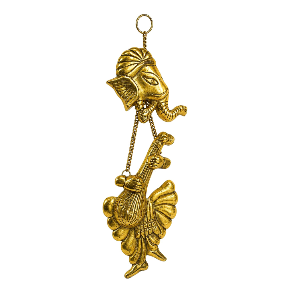 Handcrafted Metal Lord Ganesha Playing Veena Wall Hanging (Golden Finish) W-173-A