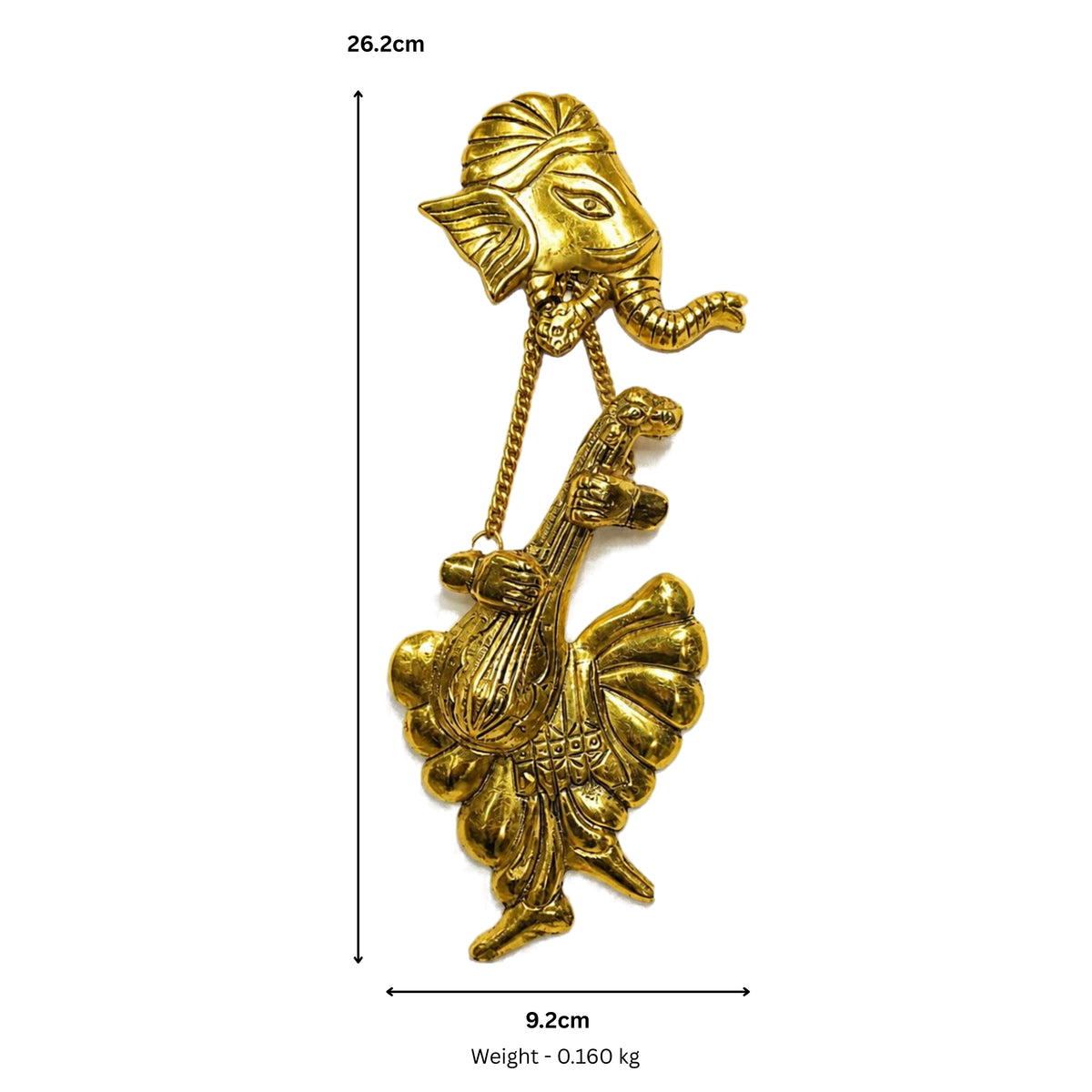 Handcrafted Metal Lord Ganesha Playing Veena Wall Hanging (Golden Finish) W-173-A