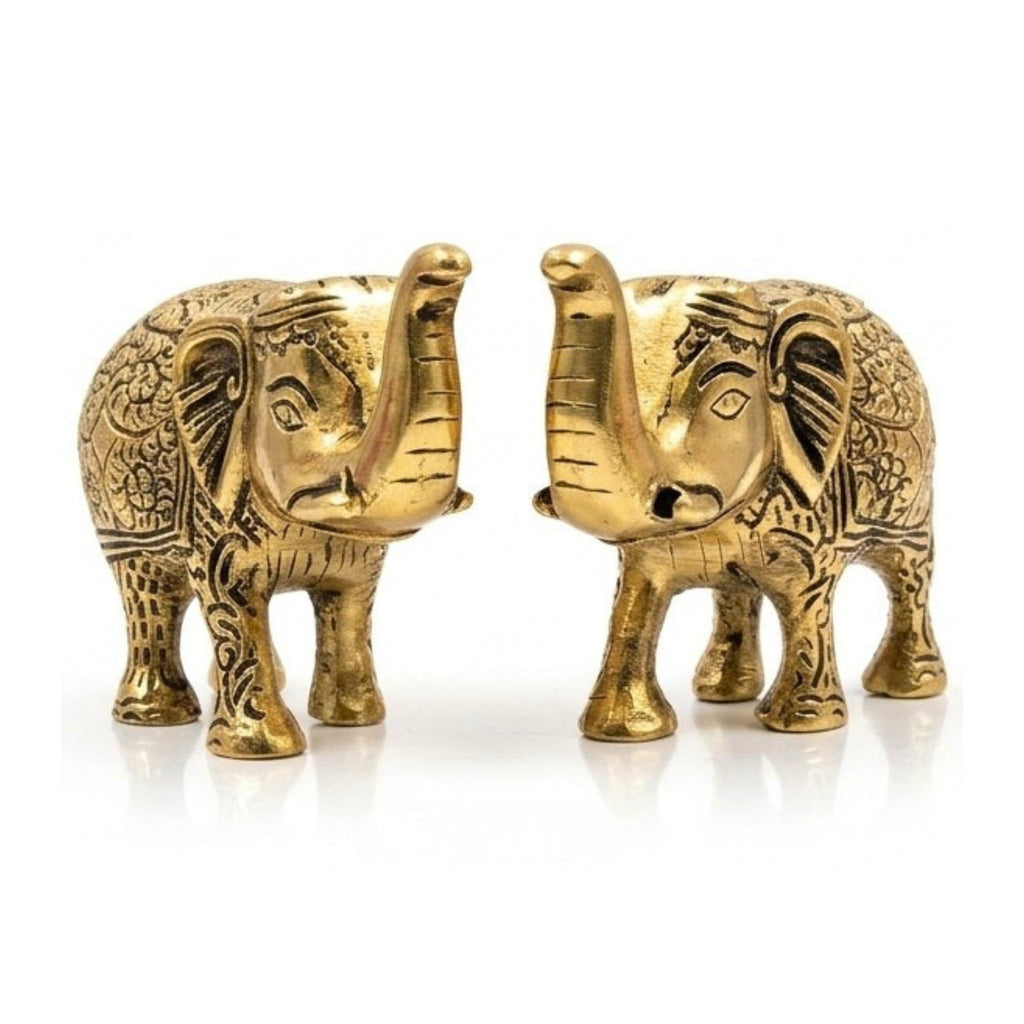 Handcrafted Metal Elephant Statue Pair with Trunk Up Accent Figures (Golden Finish, Set of 2) W-270-A