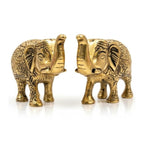Handcrafted Metal Elephant Statue Pair with Trunk Up Accent Figures (Golden Finish, Set of 2) W-270-A
