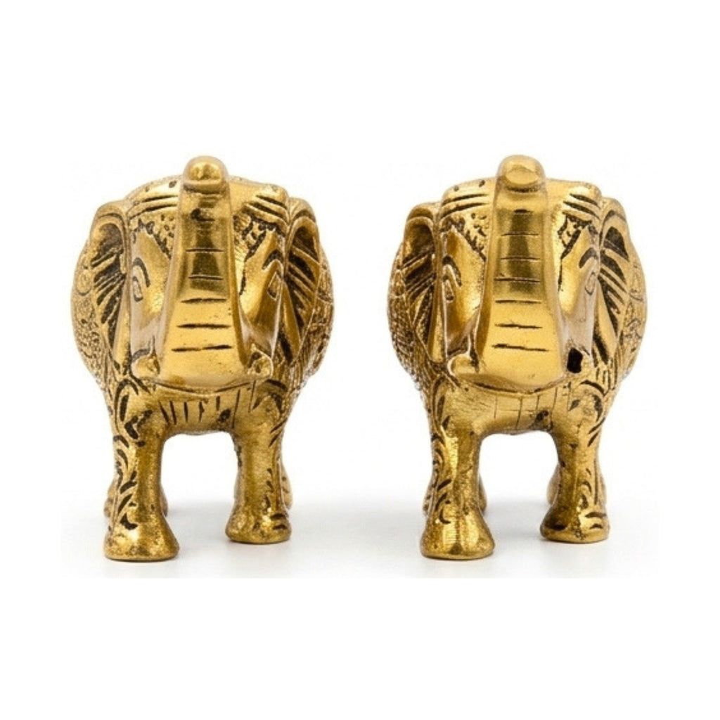Handcrafted Metal Elephant Statue Pair with Trunk Up Accent Figures (Golden Finish, Set of 2) W-270-A
