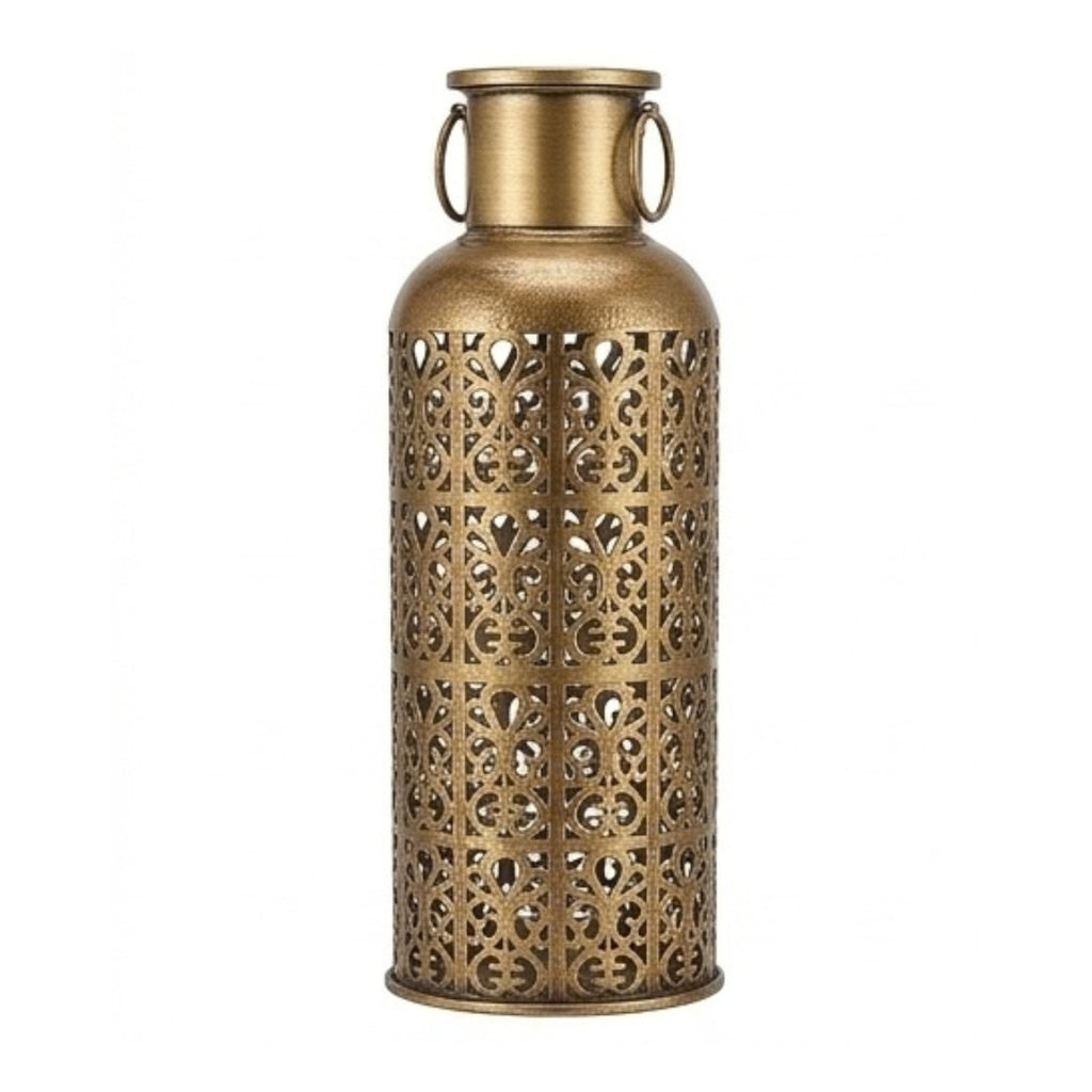 Antique Gold Metal Lattice Lantern – Moroccan-Style Tall Filigree Cylinder Vase with Ring Handles I-225