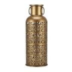 Antique Gold Metal Lattice Lantern – Moroccan-Style Tall Filigree Cylinder Vase with Ring Handles I-225