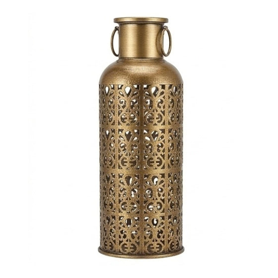 Antique Gold Metal Lattice Lantern – Moroccan-Style Tall Filigree Cylinder Vase with Ring Handles I-225