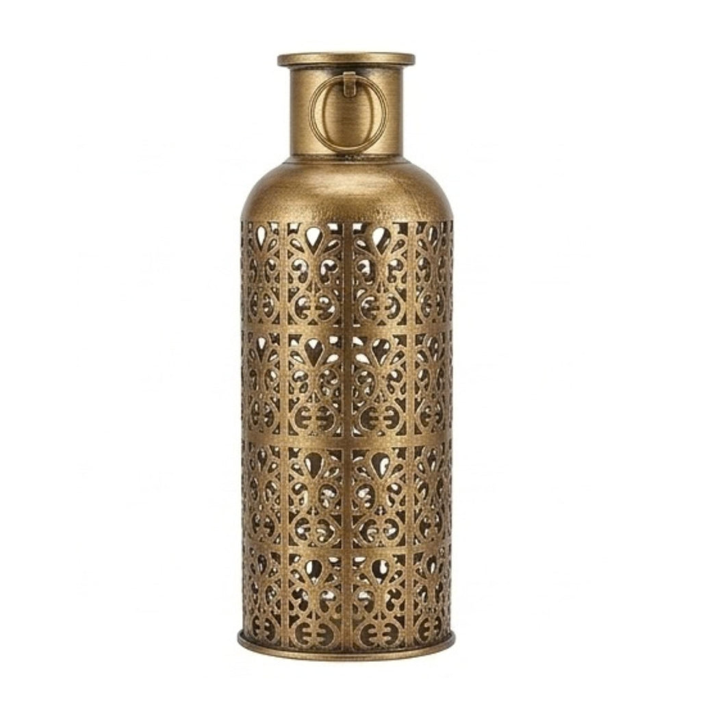 Antique Gold Metal Lattice Lantern – Moroccan-Style Tall Filigree Cylinder Vase with Ring Handles I-225