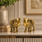 Handcrafted Metal Elephant Statue Pair with Trunk Up Accent Figures (Golden Finish, Set of 2) W-270-A