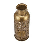 Antique Gold Metal Lattice Lantern – Moroccan-Style Tall Filigree Cylinder Vase with Ring Handles I-225