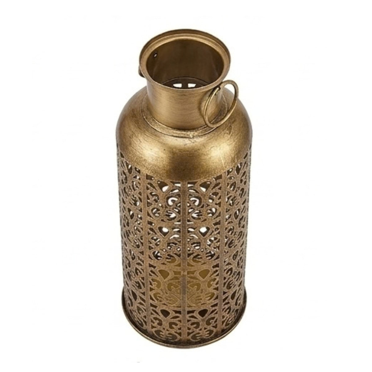 Antique Gold Metal Lattice Lantern – Moroccan-Style Tall Filigree Cylinder Vase with Ring Handles I-225