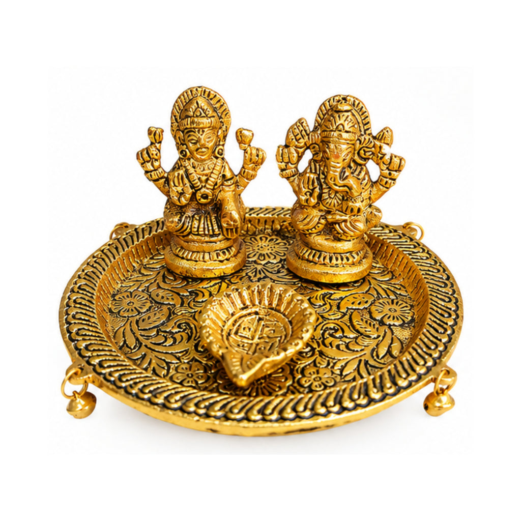 Handcrafted Metal Laxmi Ganesha Saraswati Puja Thali with Diya & Hanging Bells (Antique Gold Finish) W-239-A
