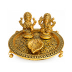 Handcrafted Metal Laxmi Ganesha Saraswati Puja Thali with Diya & Hanging Bells (Antique Gold Finish) W-239-A