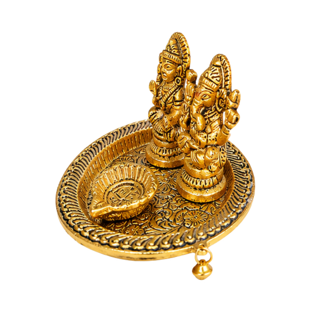 Handcrafted Metal Laxmi Ganesha Saraswati Puja Thali with Diya & Hanging Bells (Antique Gold Finish) W-239-A