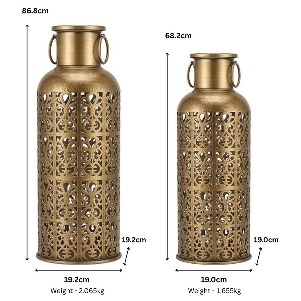 Antique Gold Metal Lattice Lantern – Moroccan-Style Tall Filigree Cylinder Vase with Ring Handles I-225
