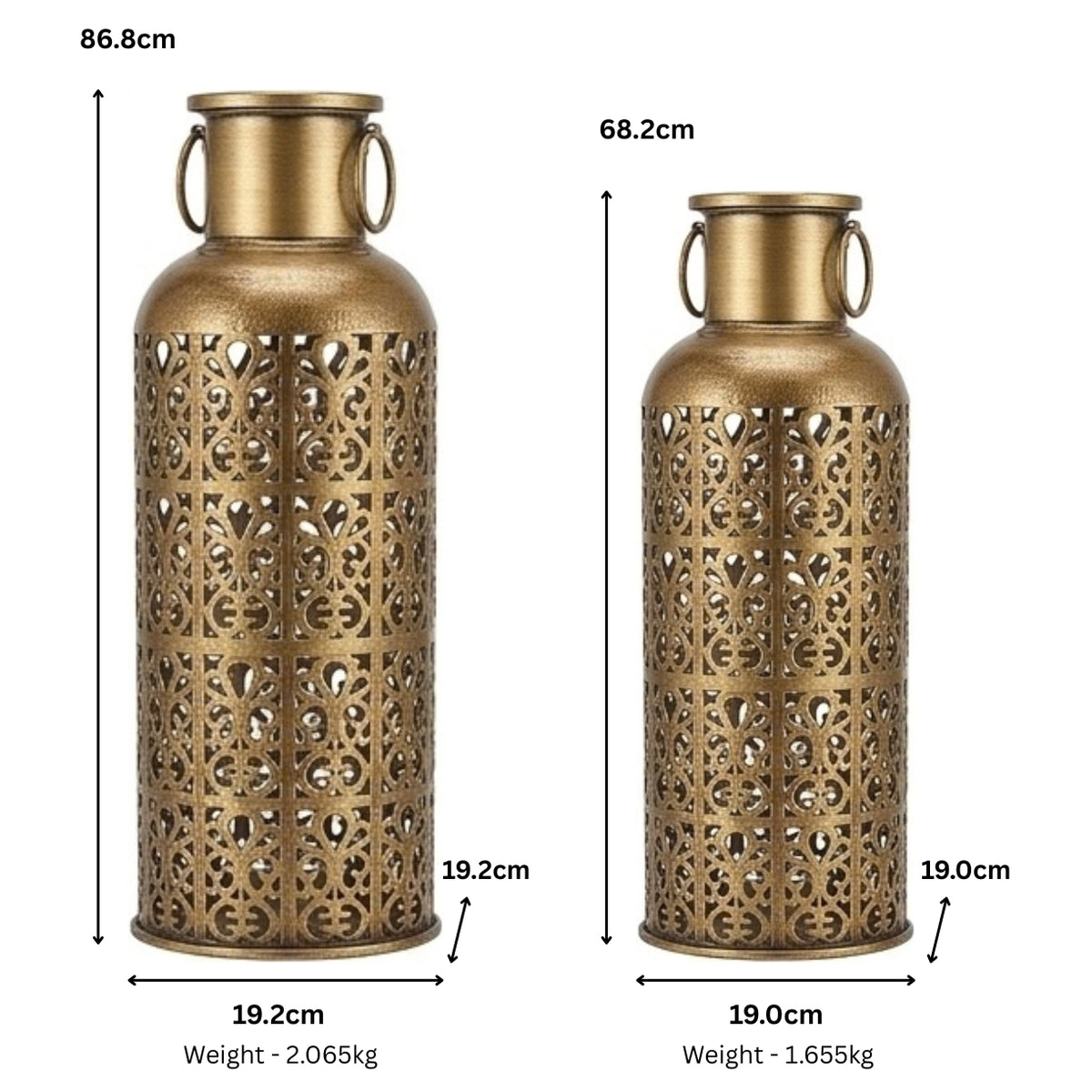 Antique Gold Metal Lattice Lantern – Moroccan-Style Tall Filigree Cylinder Vase with Ring Handles I-225