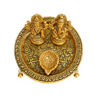 Handcrafted Metal Laxmi Ganesha Saraswati Puja Thali with Diya & Hanging Bells (Antique Gold Finish) W-239-A