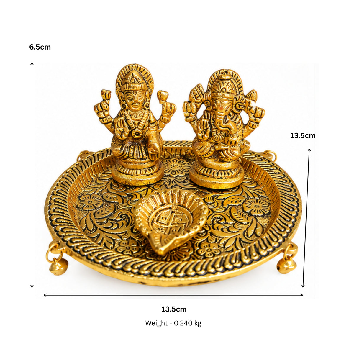 Handcrafted Metal Laxmi Ganesha Saraswati Puja Thali with Diya & Hanging Bells (Antique Gold Finish) W-239-A