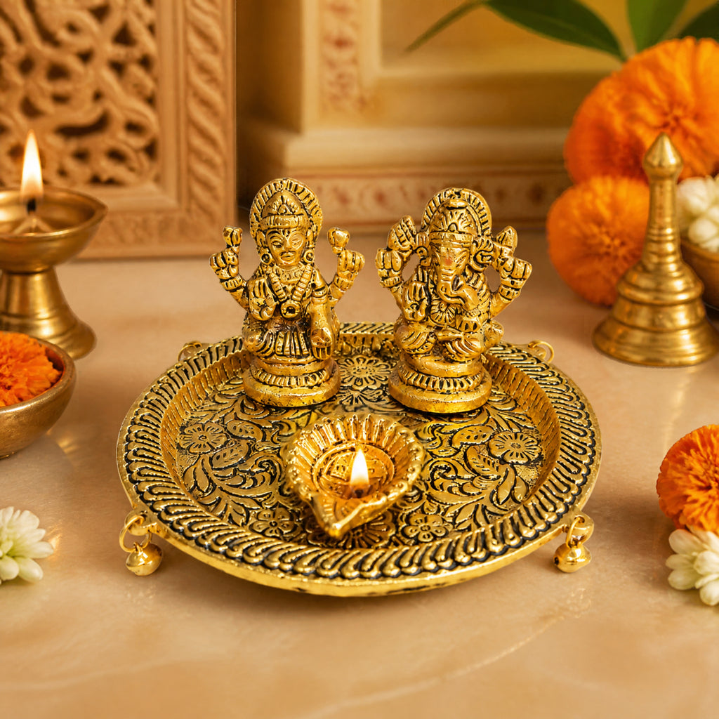Handcrafted Metal Laxmi Ganesha Saraswati Puja Thali with Diya & Hanging Bells (Antique Gold Finish) W-239-A