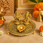 Handcrafted Metal Laxmi Ganesha Saraswati Puja Thali with Diya & Hanging Bells (Antique Gold Finish) W-239-A