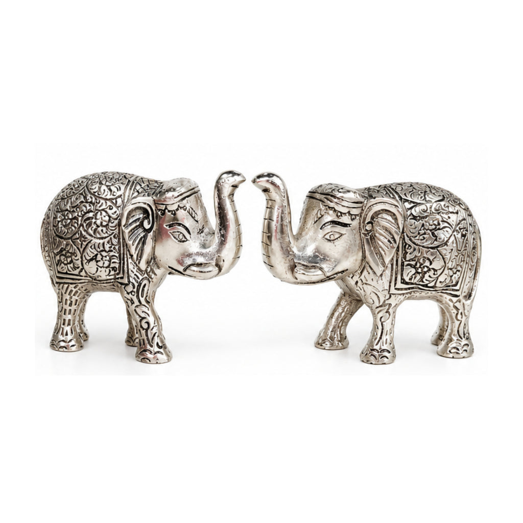 Handcrafted Metal Elephant Statue Pair with Trunk Up Accents (Silver Finish, Set of 2) W-271-A