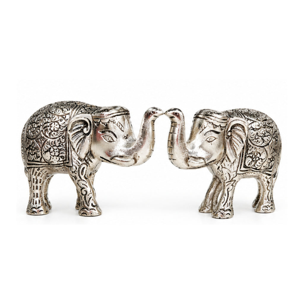 Handcrafted Metal Elephant Statue Pair with Trunk Up Accents (Silver Finish, Set of 2) W-271-A