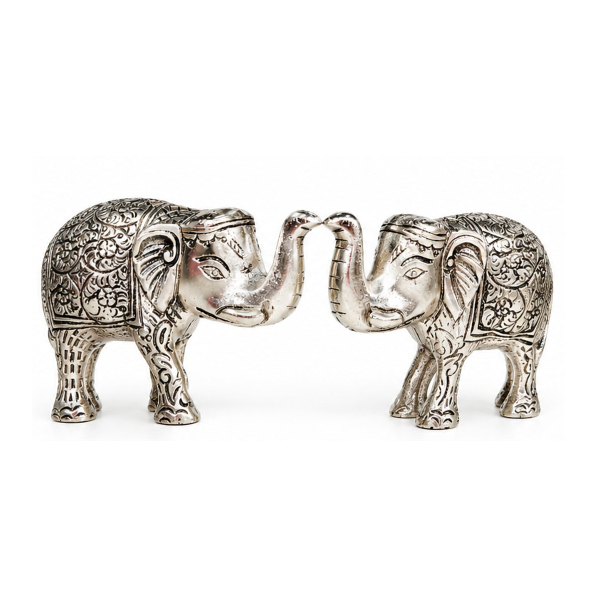 Handcrafted Metal Elephant Statue Pair with Trunk Up Accents (Silver Finish, Set of 2) W-271-A