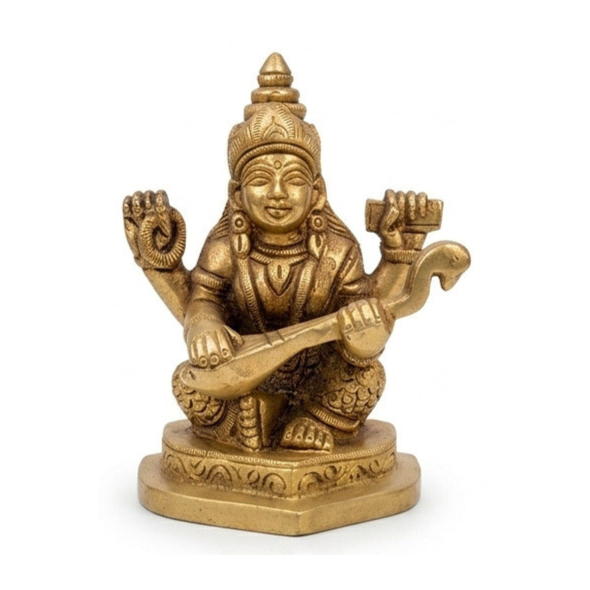 Handcrafted Brass Goddess Saraswati Idol – Traditional Seated Saraswati Maa Statue with Veena for Education, Art & Pooja Decor BR-381-A
