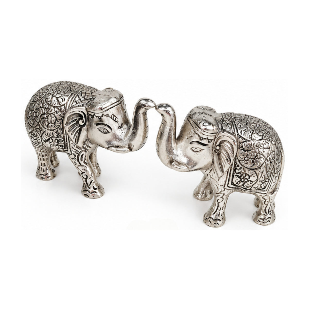 Handcrafted Metal Elephant Statue Pair with Trunk Up Accents (Silver Finish, Set of 2) W-271-A