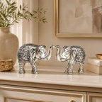 Handcrafted Metal Elephant Statue Pair with Trunk Up Accents (Silver Finish, Set of 2) W-271-A