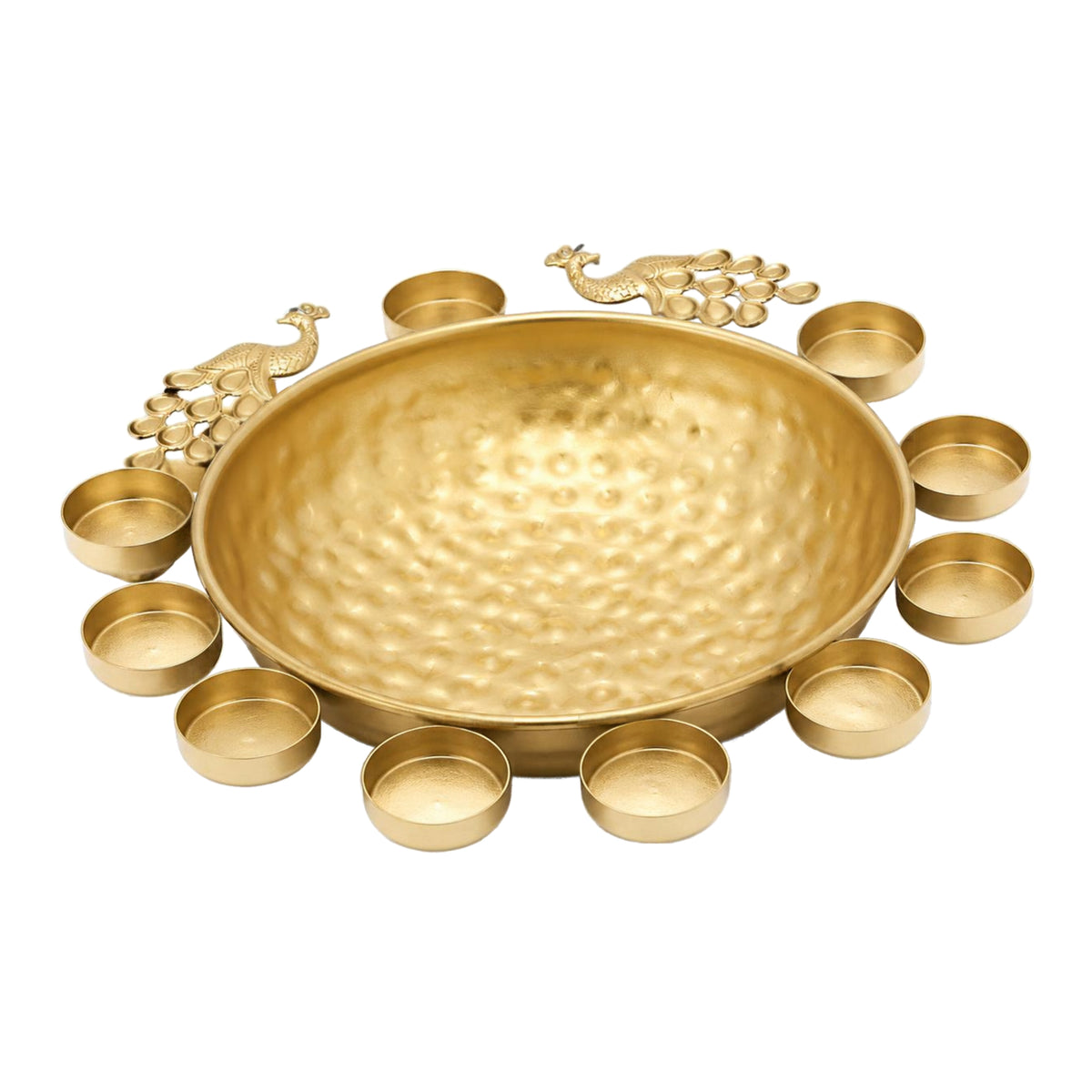 Handcrafted Hammered Gold Metal Urli Bowl with Dual Peacock Accents & Tealight Candle Holders W-106-B