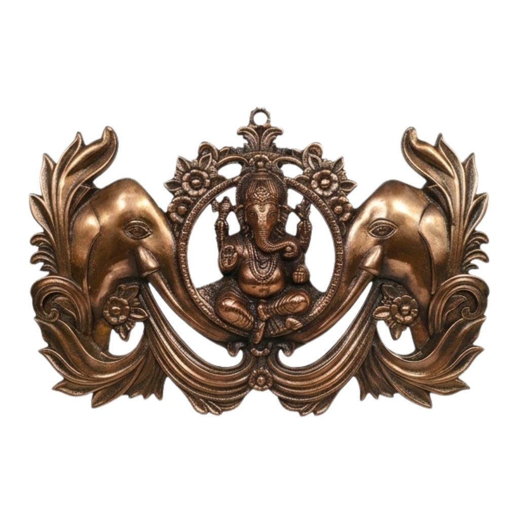 Handcrafted Lord Ganesha with Twin Welcoming Elephants Metal Wall Hanging Plaque (Antique Gunmetal Copper Finish) G-253-A