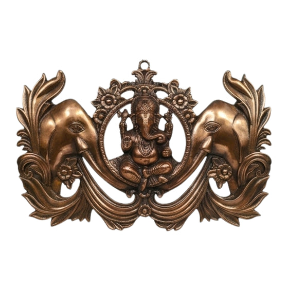 Handcrafted Lord Ganesha with Twin Welcoming Elephants Metal Wall Hanging Plaque (Antique Gunmetal Copper Finish) G-253-A