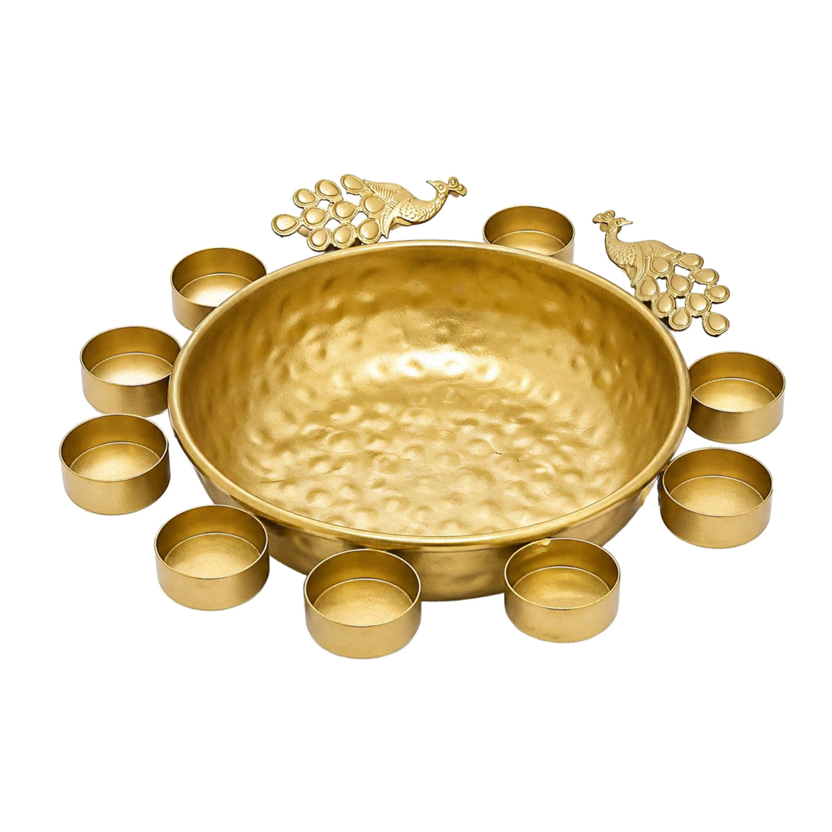 Handcrafted Hammered Gold Metal Urli Bowl with Dual Peacock Accents & Tealight Candle Holders W-106-B