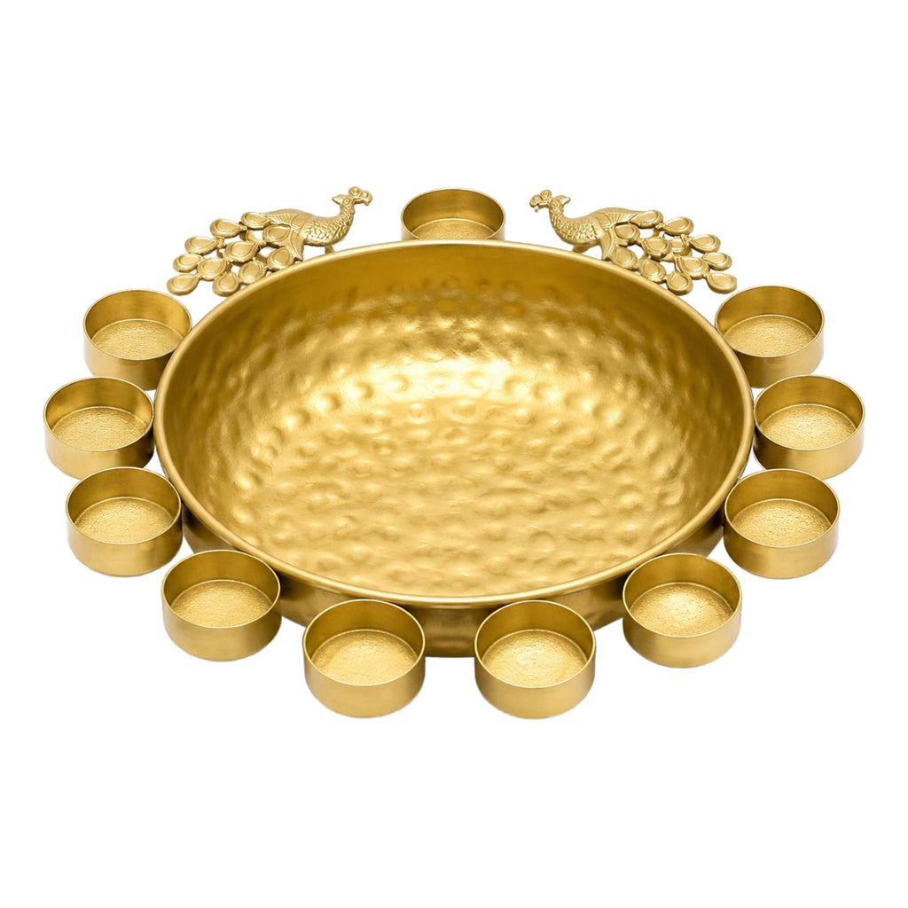Handcrafted Hammered Gold Metal Urli Bowl with Dual Peacock Accents & Tealight Candle Holders W-106-B