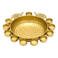 Handcrafted Hammered Gold Metal Urli Bowl with Dual Peacock Accents & Tealight Candle Holders W-106-B