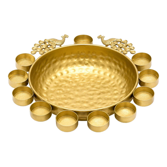 Handcrafted Hammered Gold Metal Urli Bowl with Dual Peacock Accents & Tealight Candle Holders W-106-B