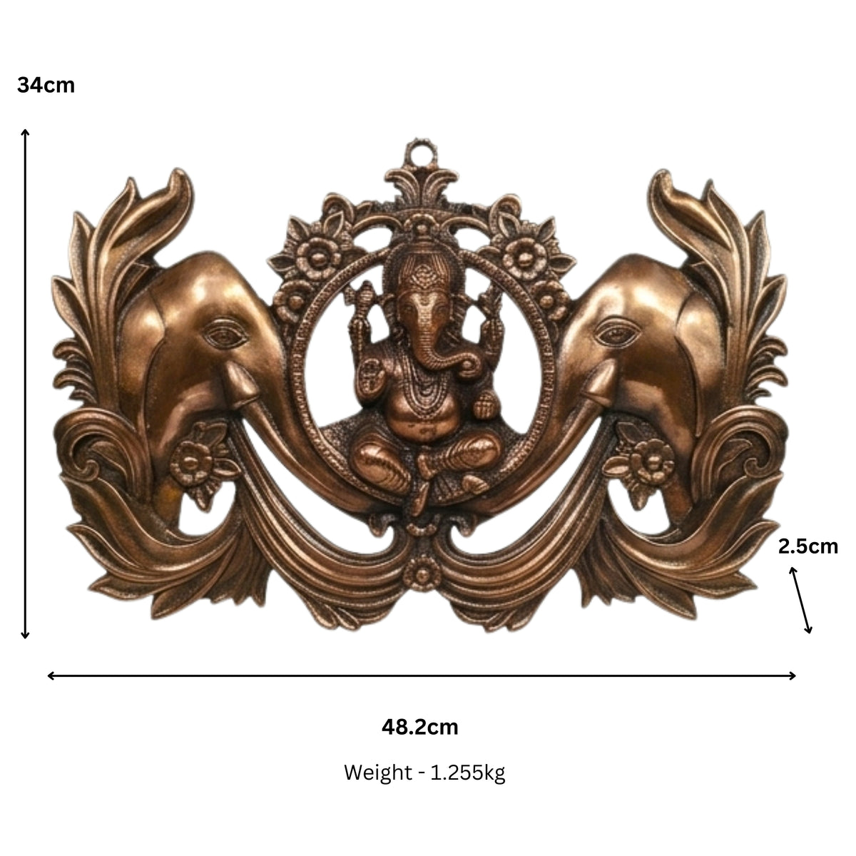 Handcrafted Lord Ganesha with Twin Welcoming Elephants Metal Wall Hanging Plaque (Antique Gunmetal Copper Finish) G-253-A