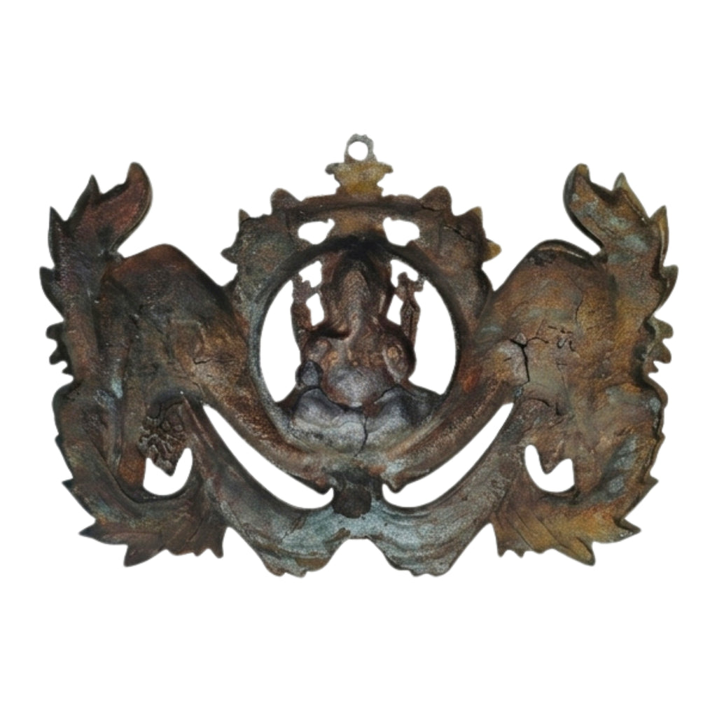 Handcrafted Lord Ganesha with Twin Welcoming Elephants Metal Wall Hanging Plaque (Antique Gunmetal Copper Finish) G-253-A