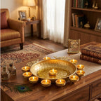 Handcrafted Hammered Gold Metal Urli Bowl with Dual Peacock Accents & Tealight Candle Holders W-106-B