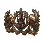 Handcrafted Lord Ganesha with Twin Welcoming Elephants Metal Wall Hanging Plaque (Antique Gunmetal Copper Finish) G-253-A