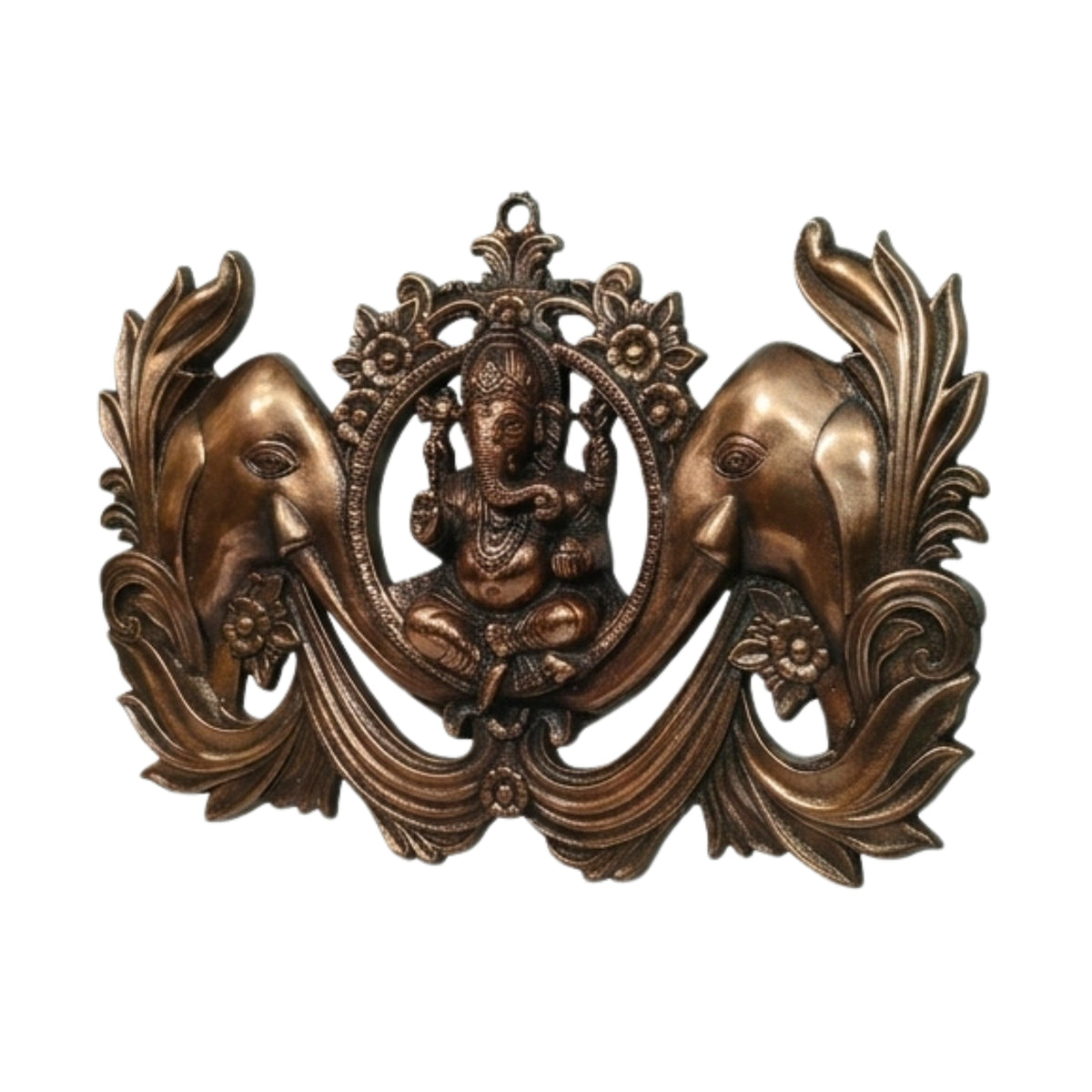 Handcrafted Lord Ganesha with Twin Welcoming Elephants Metal Wall Hanging Plaque (Antique Gunmetal Copper Finish) G-253-A
