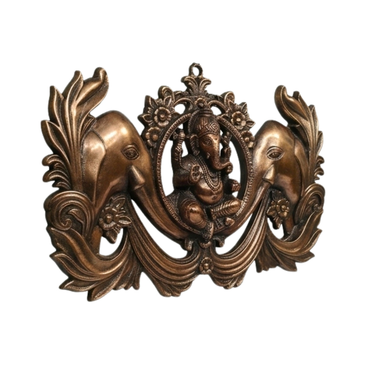 Handcrafted Lord Ganesha with Twin Welcoming Elephants Metal Wall Hanging Plaque (Antique Gunmetal Copper Finish) G-253-A