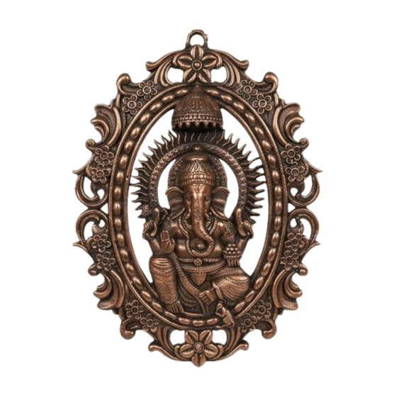 Handcrafted Lord Ganesha in Oval Carved Floral Frame Metal Wall Hanging Plaque (Antique Gunmetal Copper Finish) G-272-A