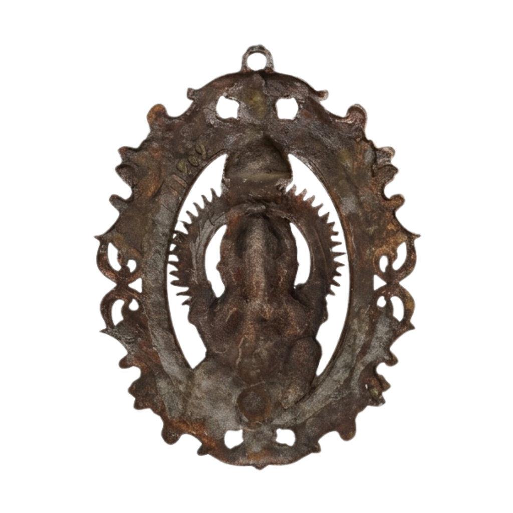 Handcrafted Lord Ganesha in Oval Carved Floral Frame Metal Wall Hanging Plaque (Antique Gunmetal Copper Finish) G-272-A