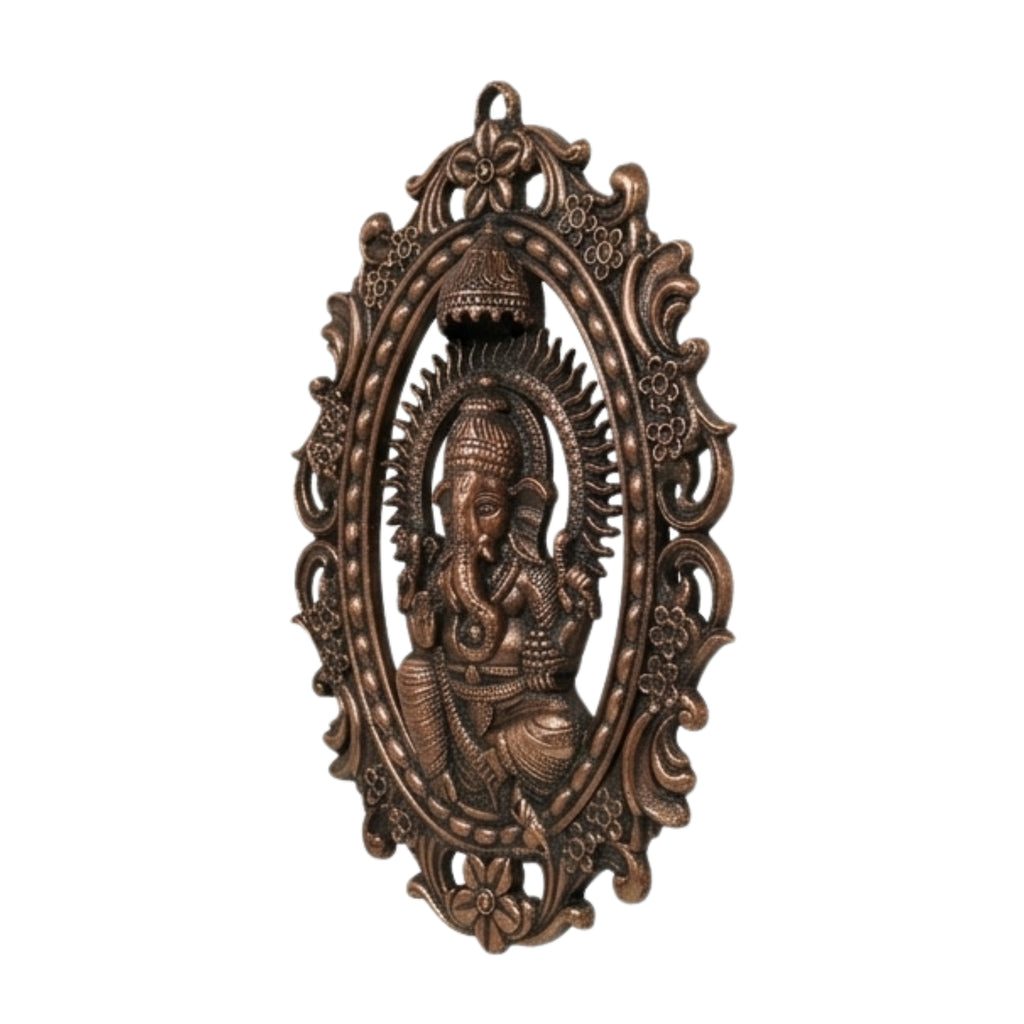 Handcrafted Lord Ganesha in Oval Carved Floral Frame Metal Wall Hanging Plaque (Antique Gunmetal Copper Finish) G-272-A