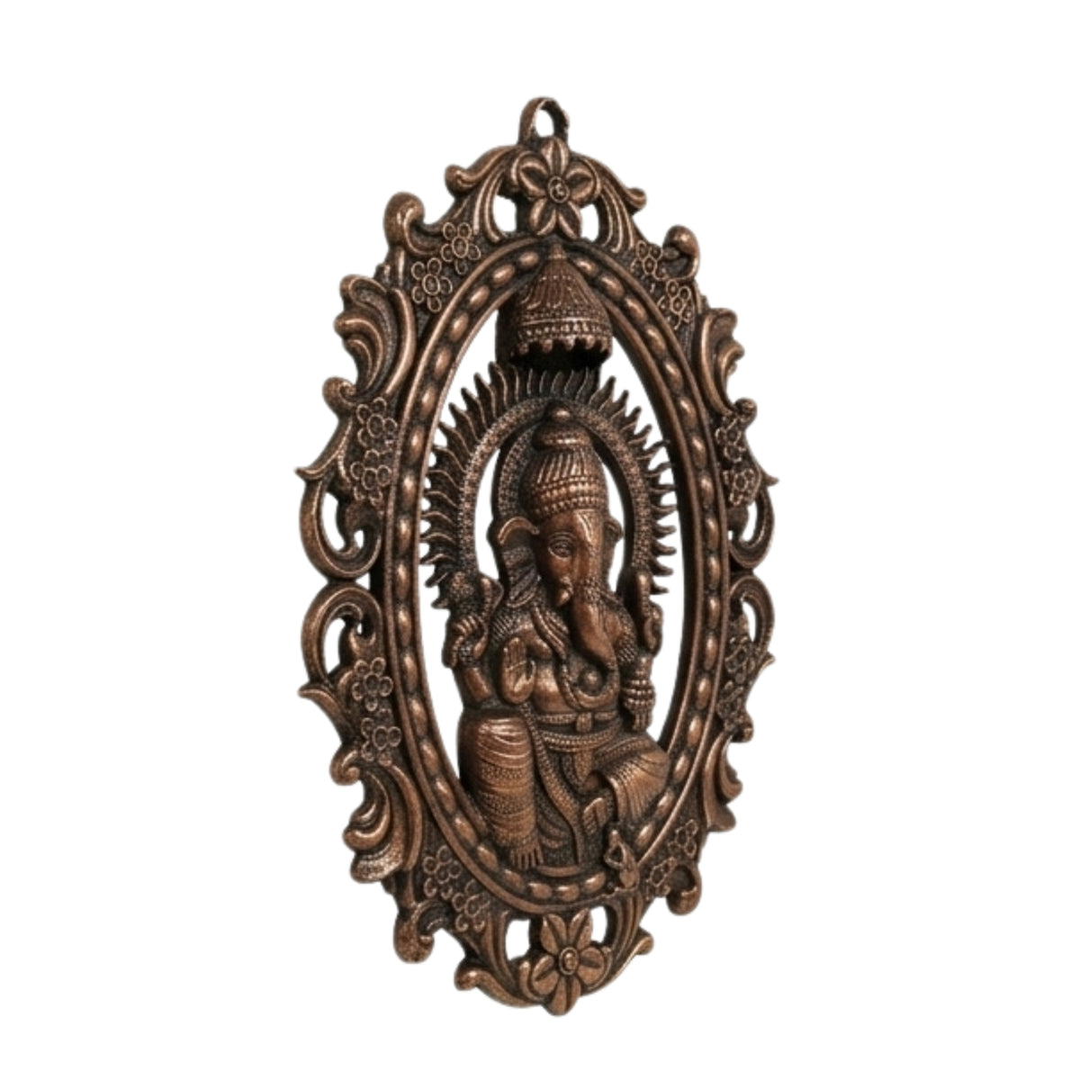 Handcrafted Lord Ganesha in Oval Carved Floral Frame Metal Wall Hanging Plaque (Antique Gunmetal Copper Finish) G-272-A