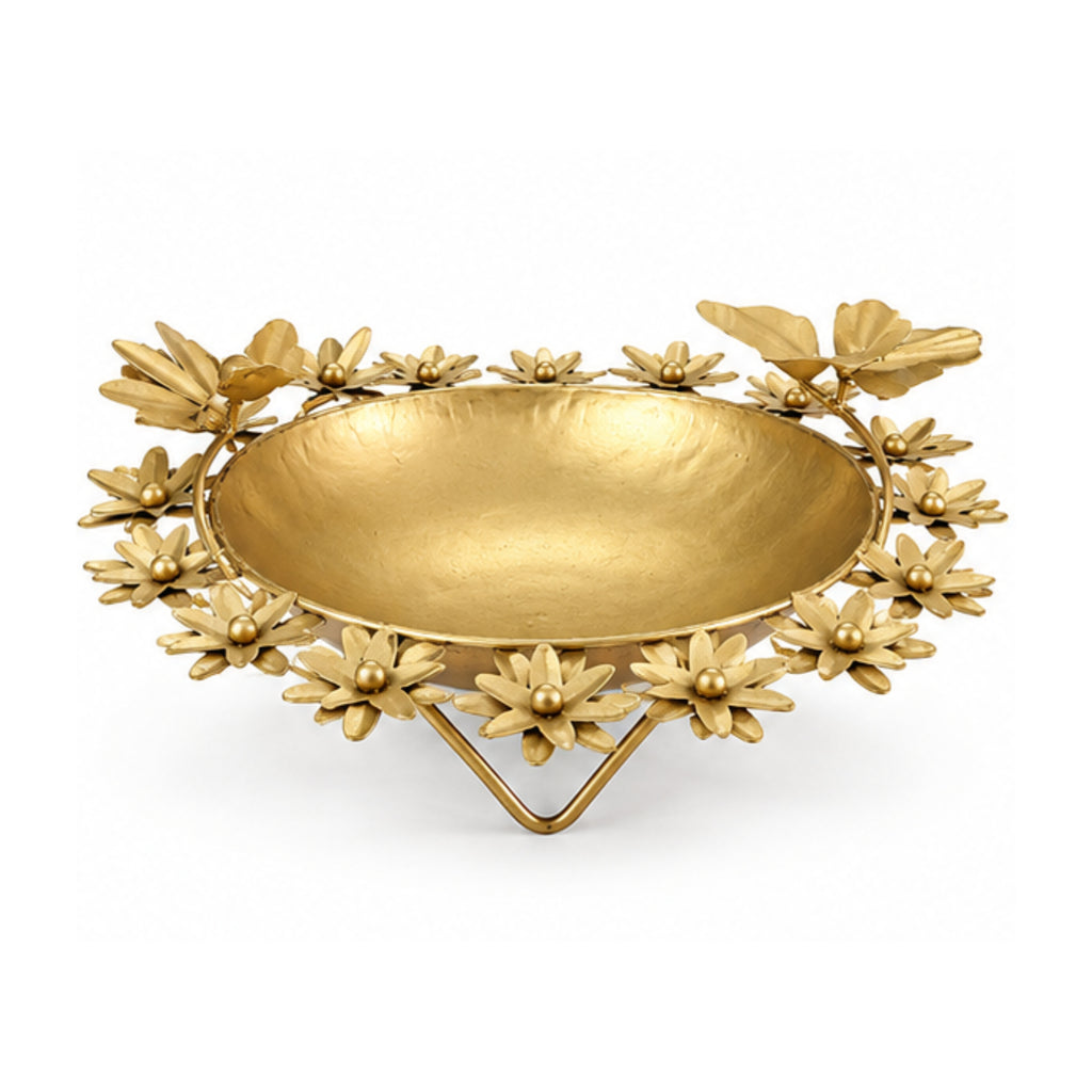 Handcrafted Gold Metal Urli Bowl with Floral Rim and Perched Bird Accents (Antique Matte Finish) W-130-A
